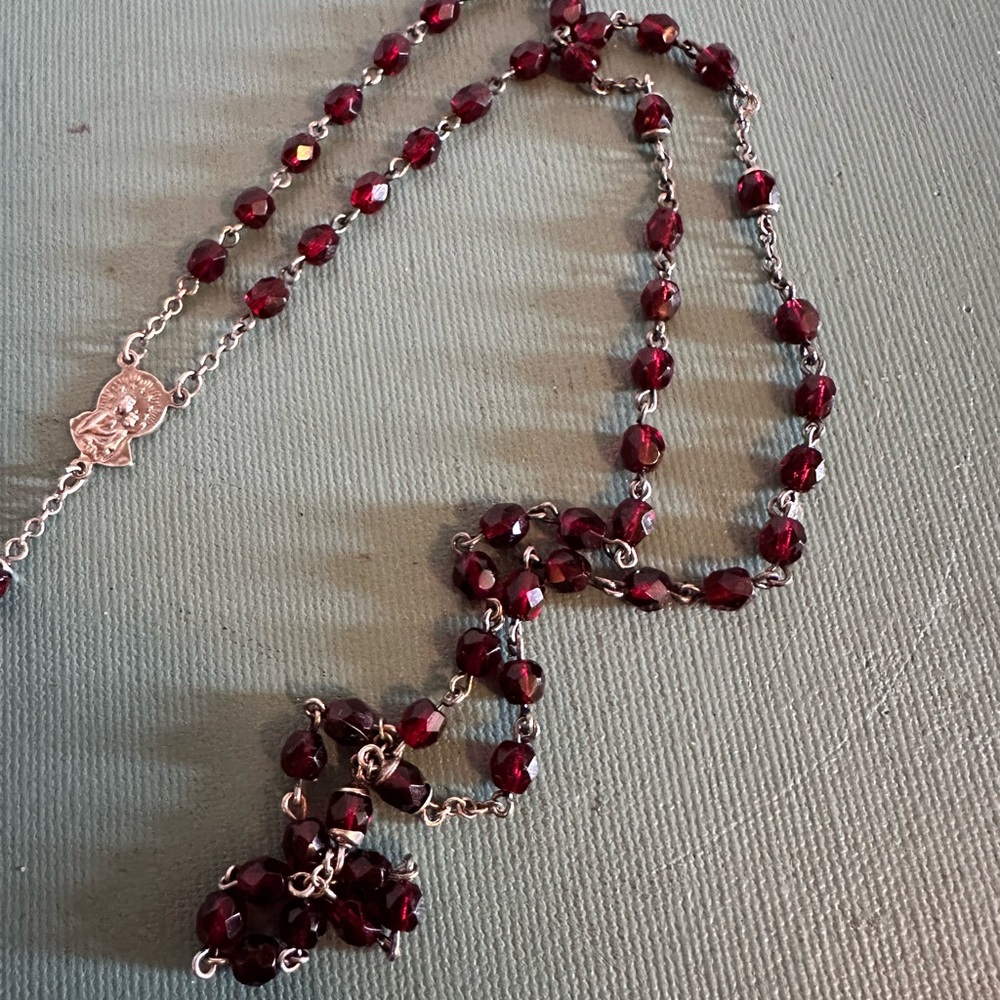 Vintage Sterling Silver and Red Garnet Beaded Cross Crucifix Rosary Necklace - Picture 5 of 7